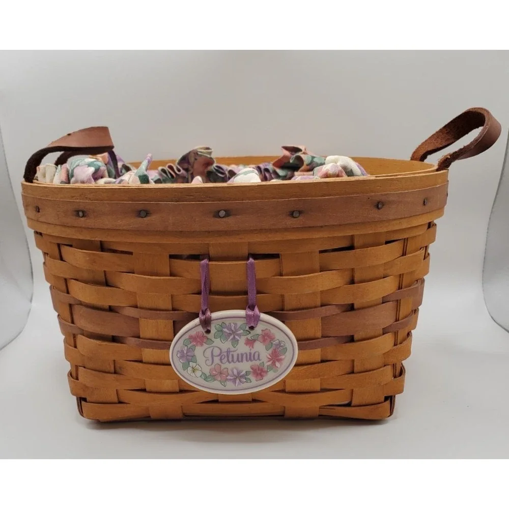 Longaberger Petunia Basket Handwoven Dresden OH Liner Tie-On Signed 1997‎